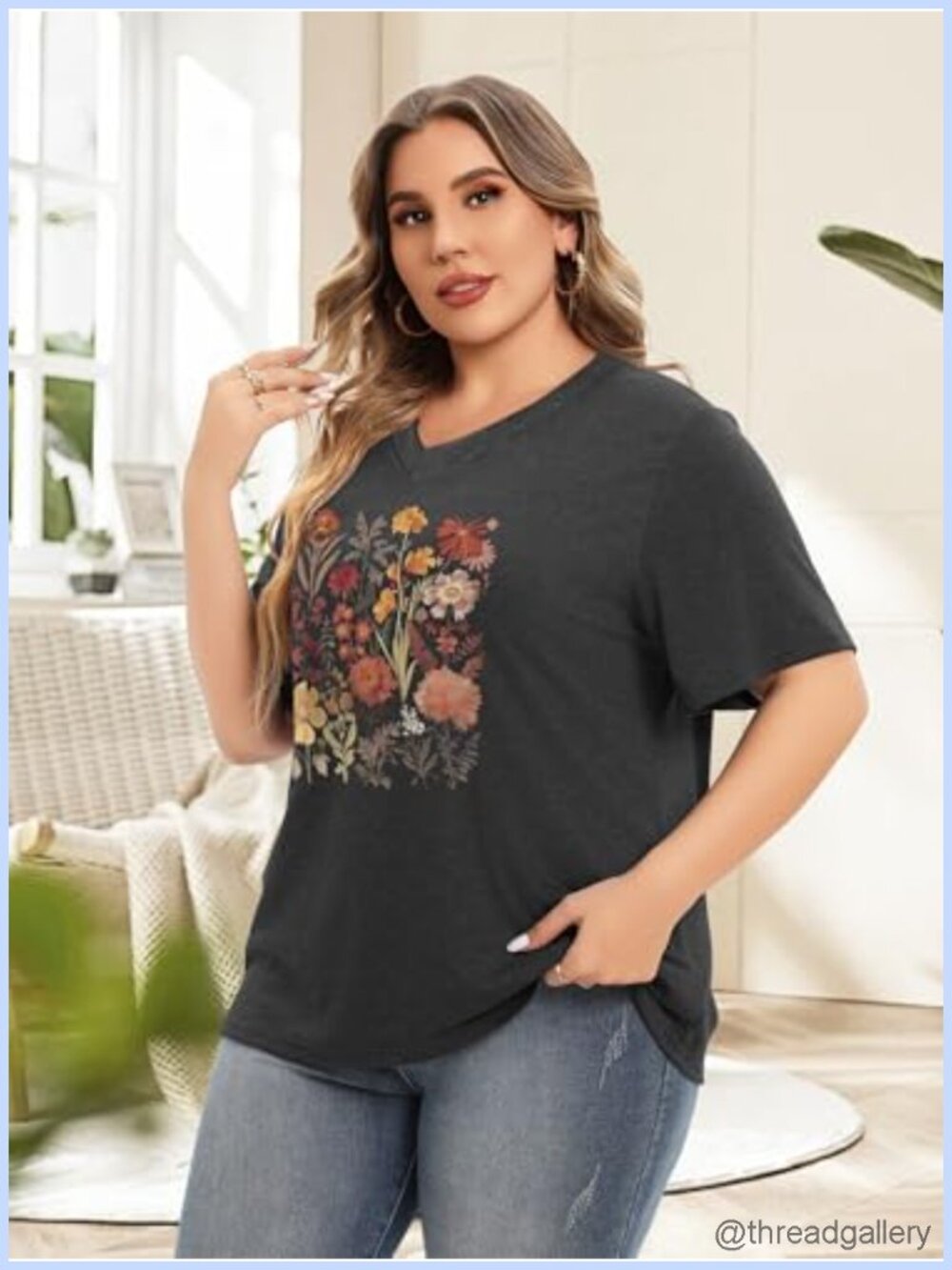 Plus Size Oversized Graphic Tee V-Neck Short Sleeve Summer T-Shirt - Picture 2 of 6
